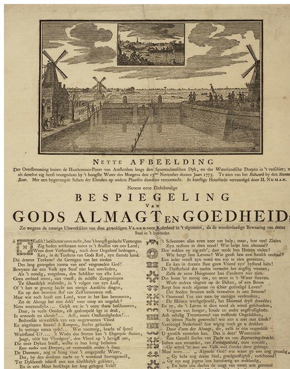 Nette afbeelding der overstrooming buiten de Haarlemmer-Poort van Amsterdam langs den Spaarendamschen Dyk, en der Waterlandsche dorpen in 't verschiet