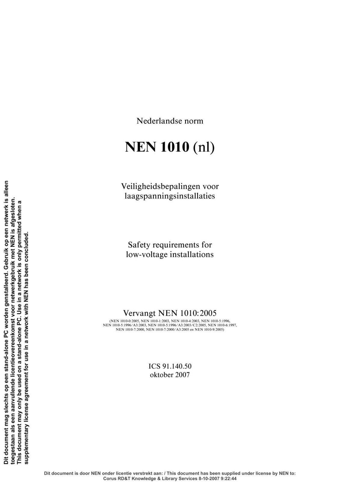 NEN 1010:2007 nl Veiligheidsbepalingen voor laagspanningsinstallaties
